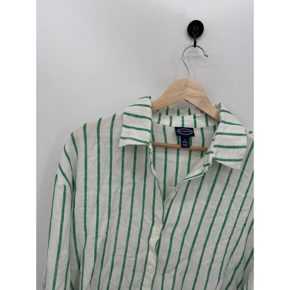Scoop Button Down Shirt Women Medium Green Striped Linen Rayon Collar Tunic - Picture 6 of 9